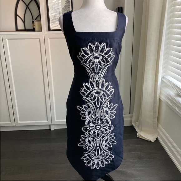 TORY BURCH Navy 100% SILK Embroidered Midi Formal Dress NWOT SZ 10 - Picture 5 of 7